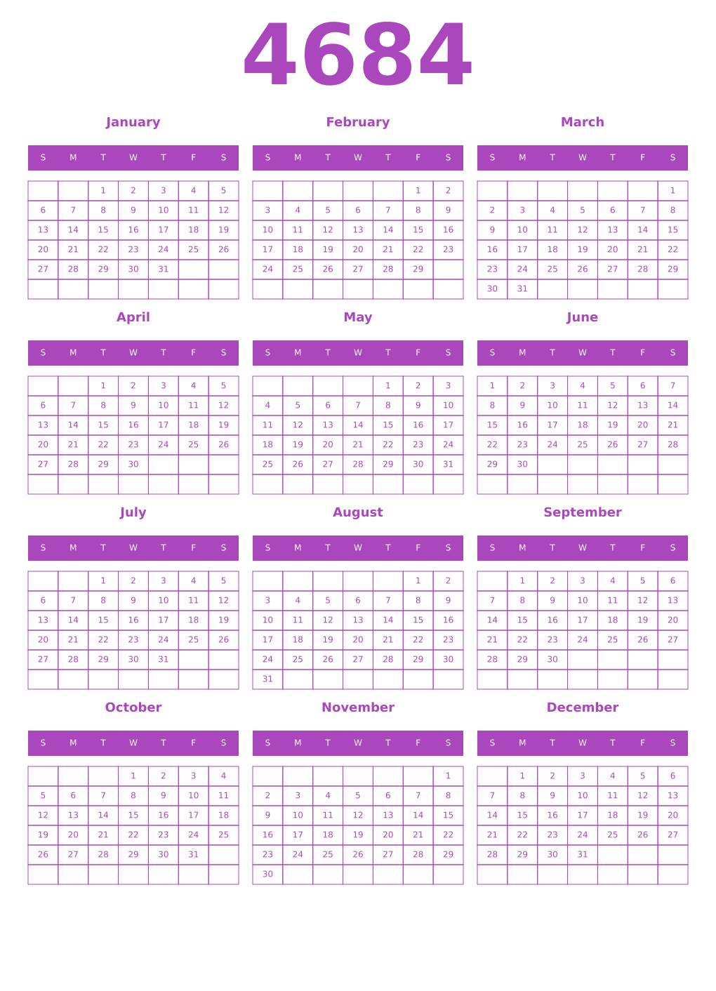 Printable 4684 Year Calendars purple