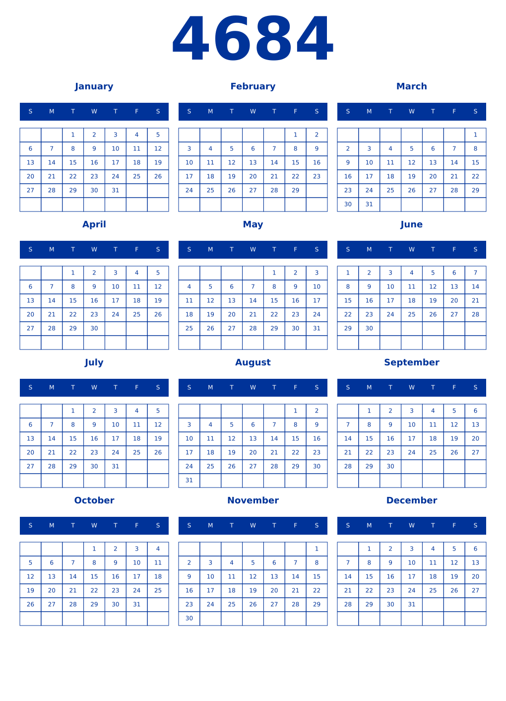 Printable 4684 Year Calendars smalt