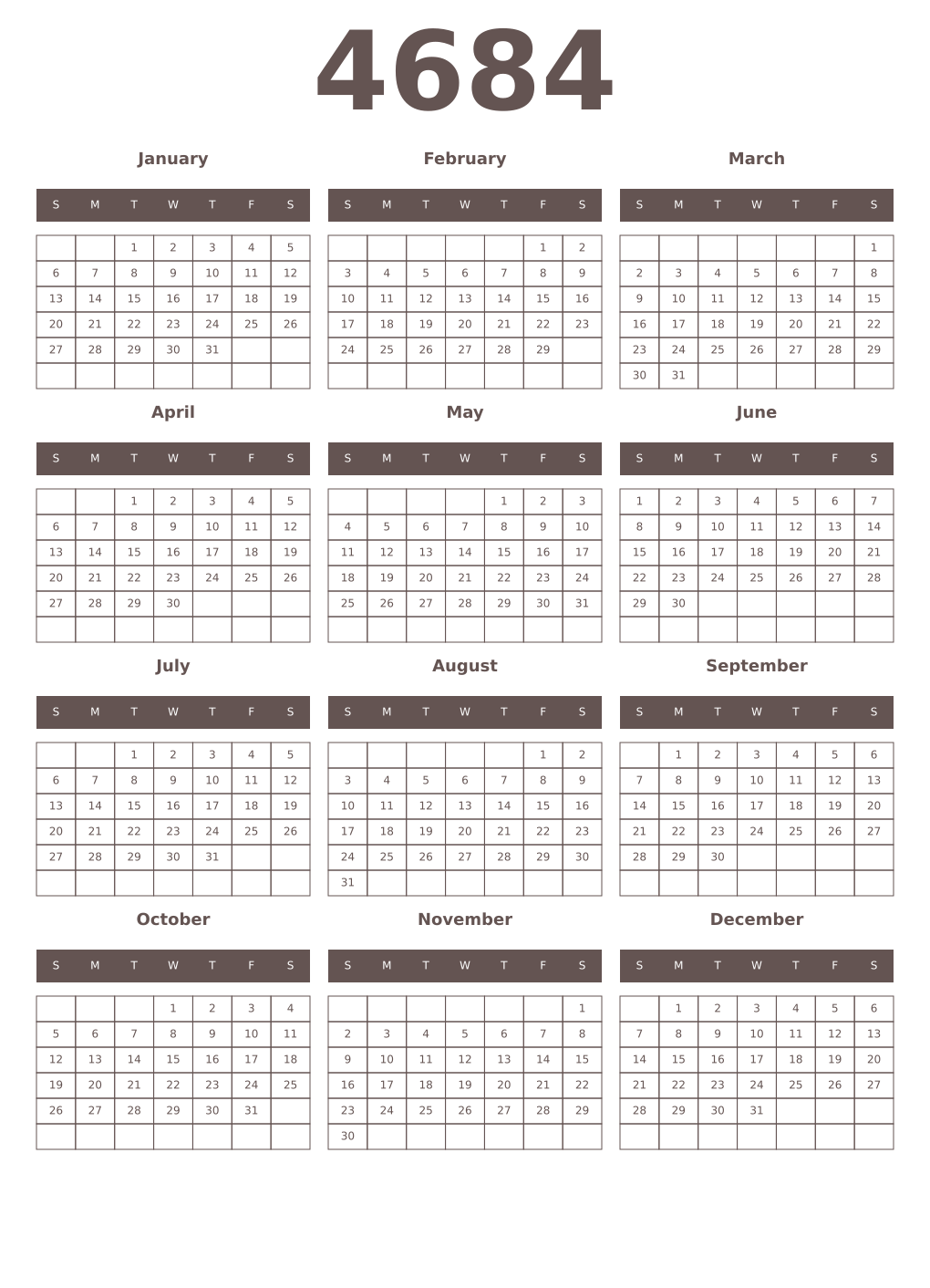 Printable 4684 Year Calendars wenge