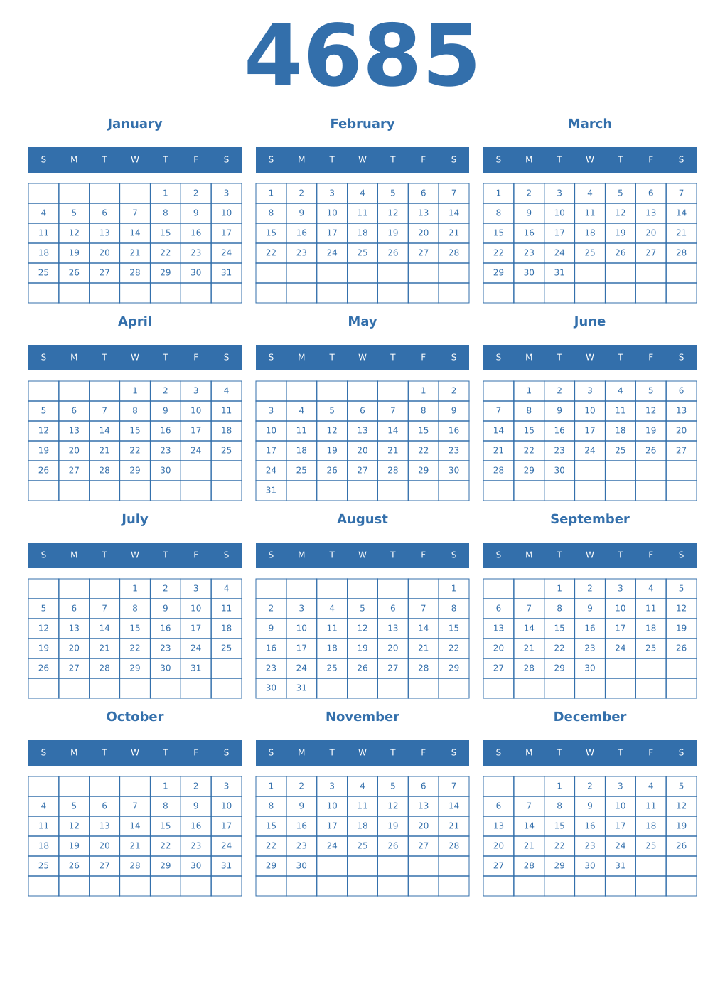 Printable 4685 Year Calendars blue
