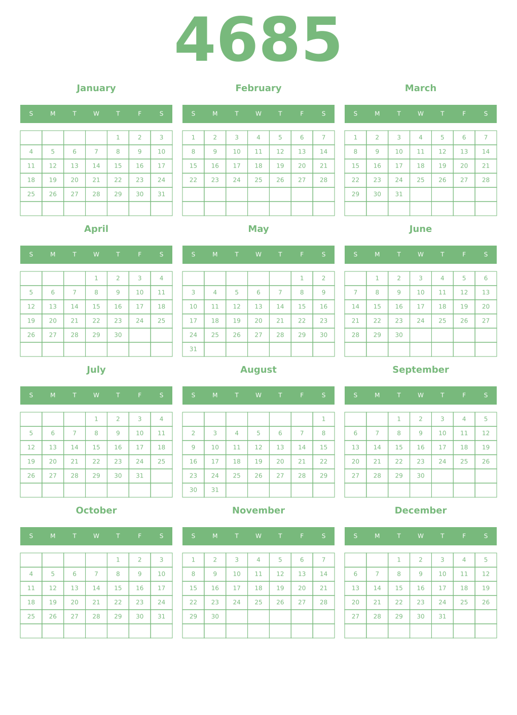 Printable 4685 Year Calendars celadon
