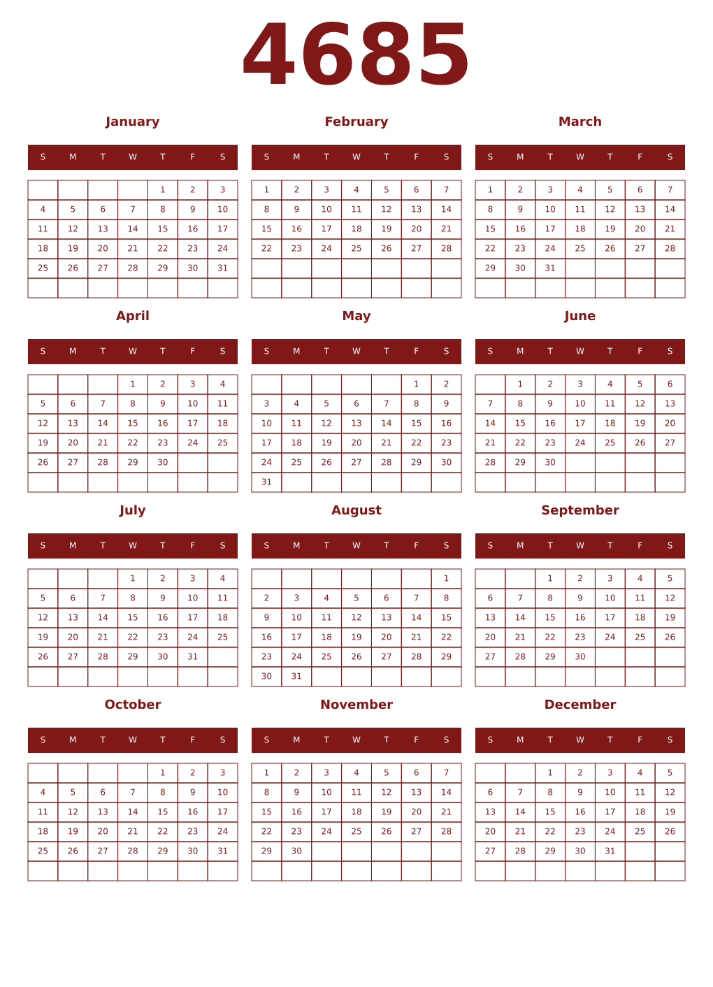 Printable 4685 Year Calendars falu