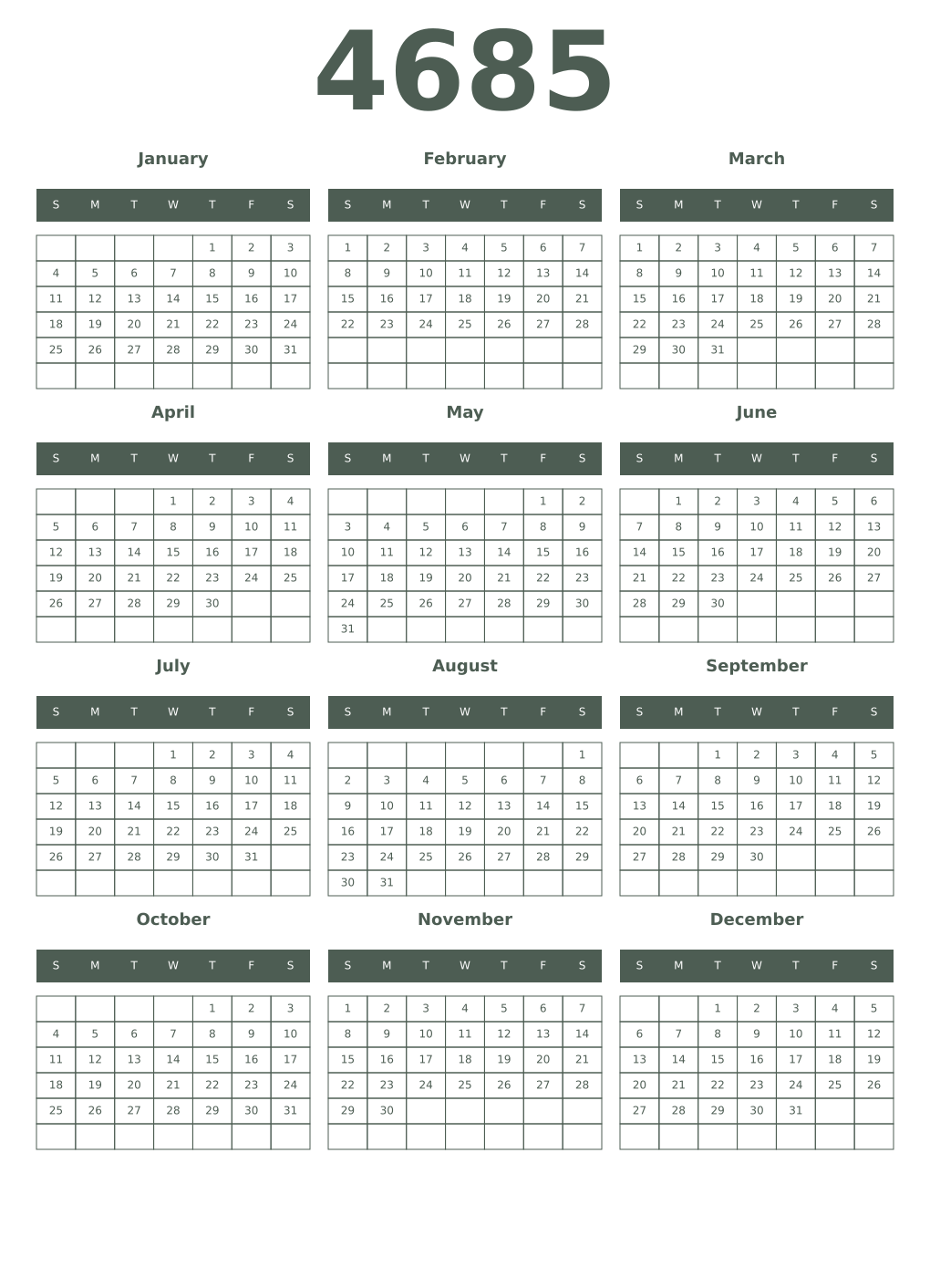 Printable 4685 Year Calendars feldgrau