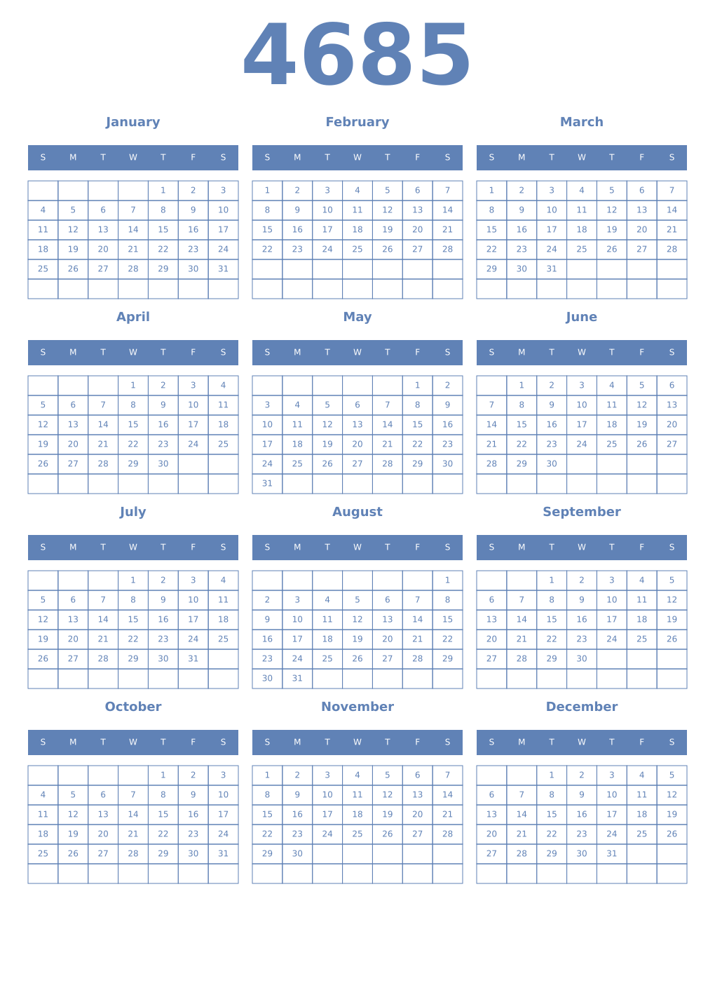 Printable 4685 Year Calendars glaucous