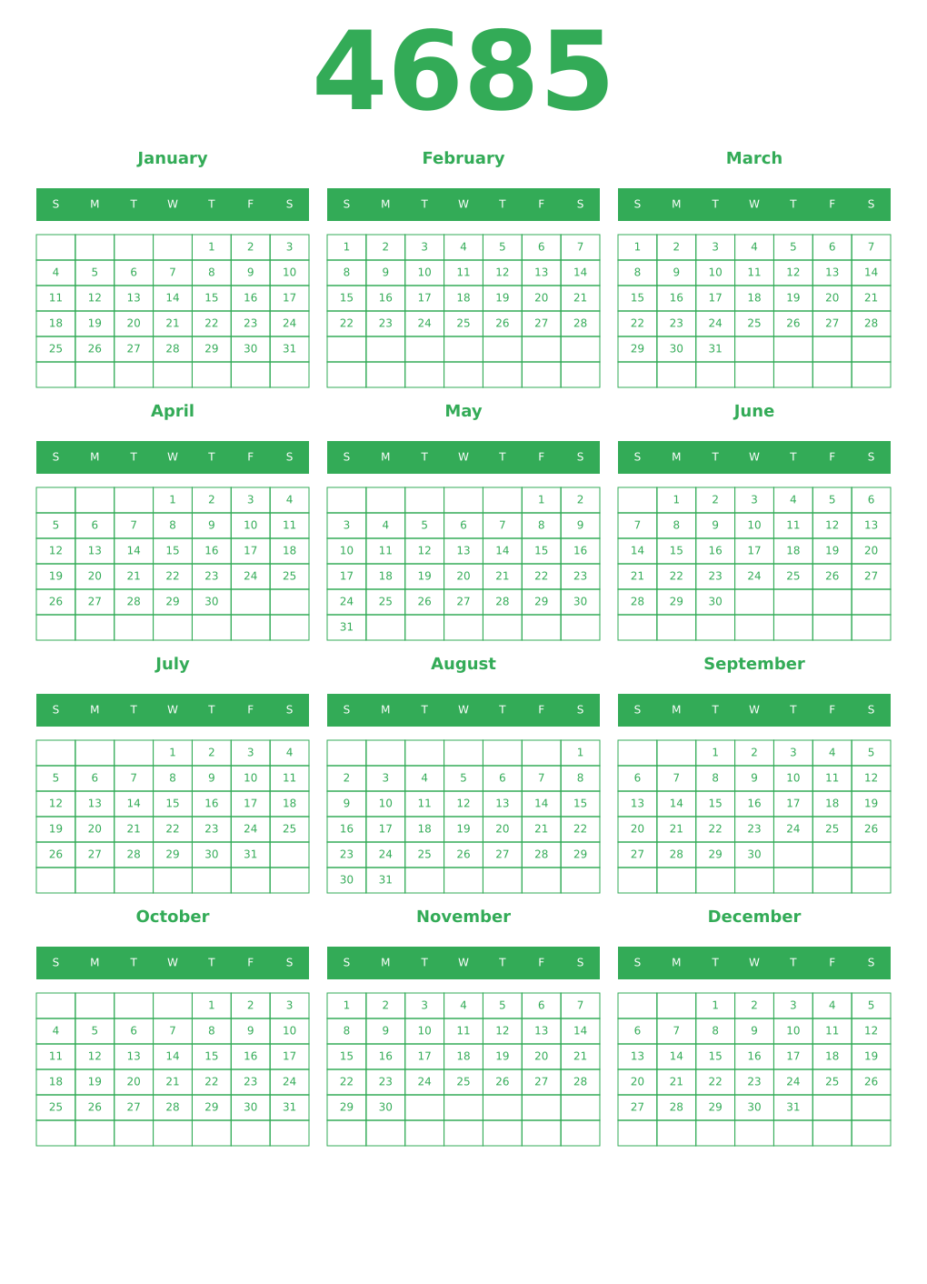 Printable 4685 Year Calendars green