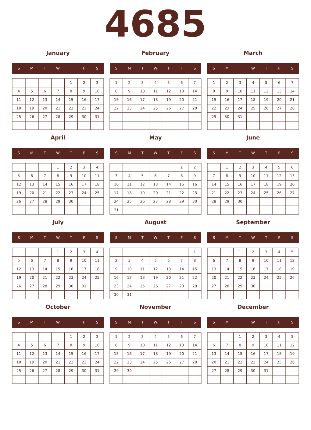 Printable 4685 Year Calendars mortuum