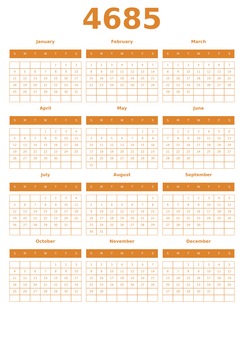 Printable 4685 Year Calendars orange