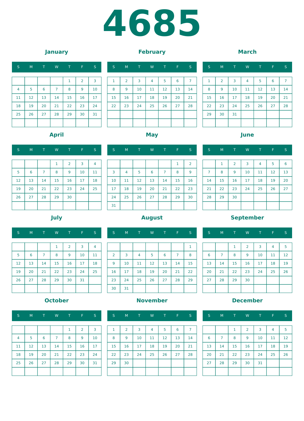 Printable 4685 Year Calendars pastel