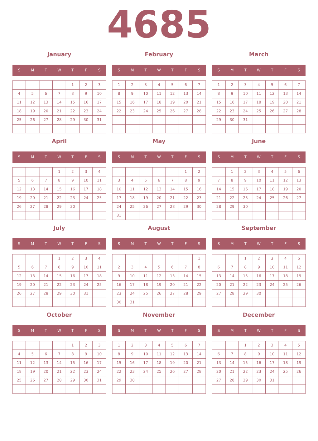 Printable 4685 Year Calendars puce