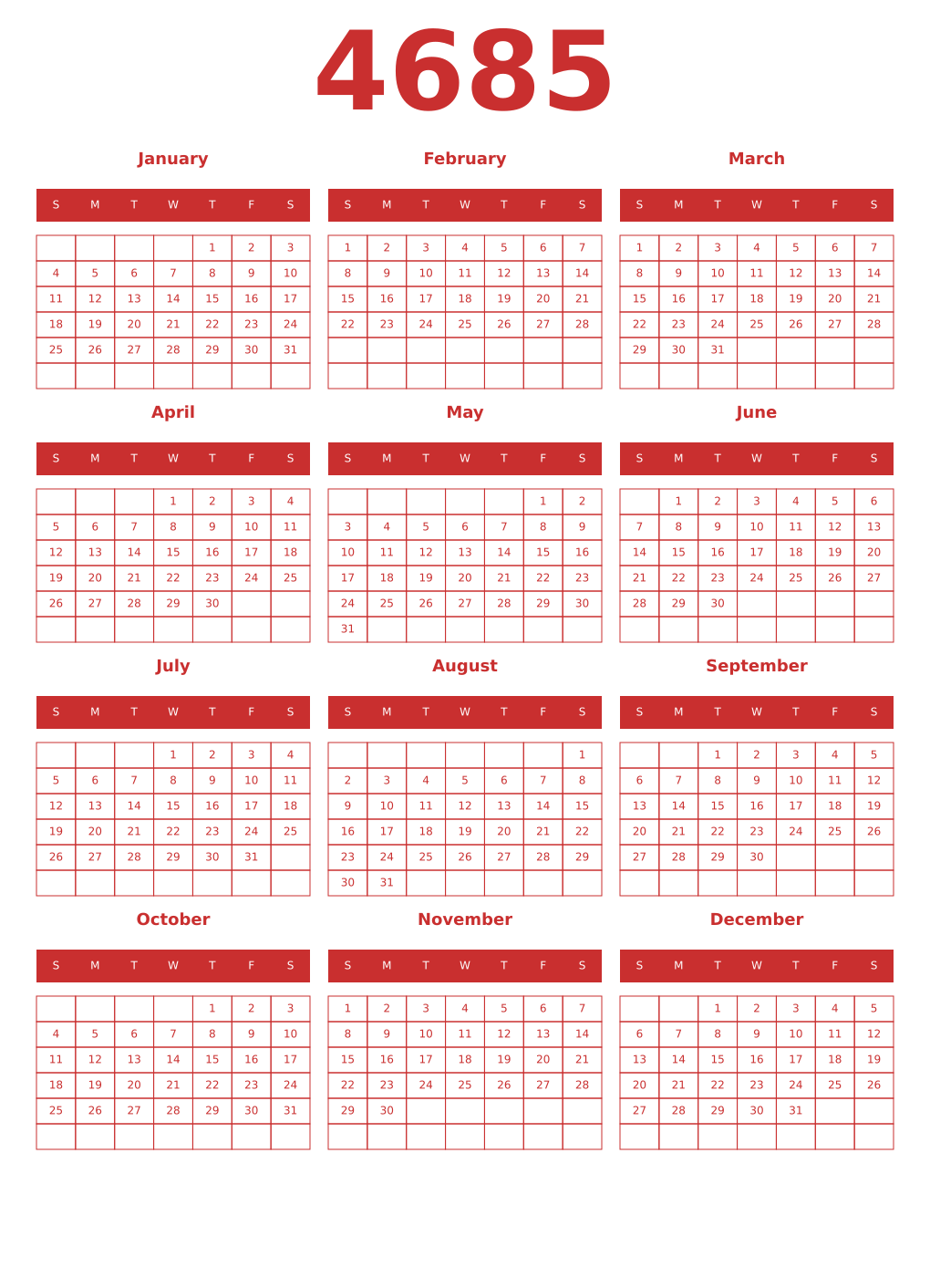 Printable 4685 Year Calendars red