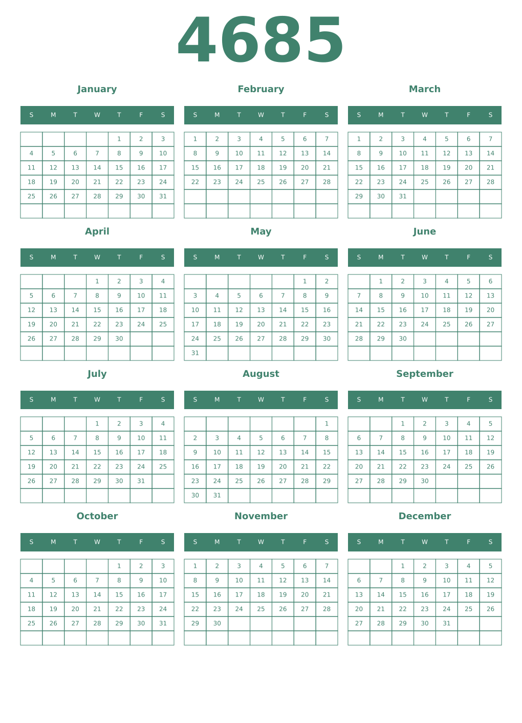 Printable 4685 Year Calendars viridian