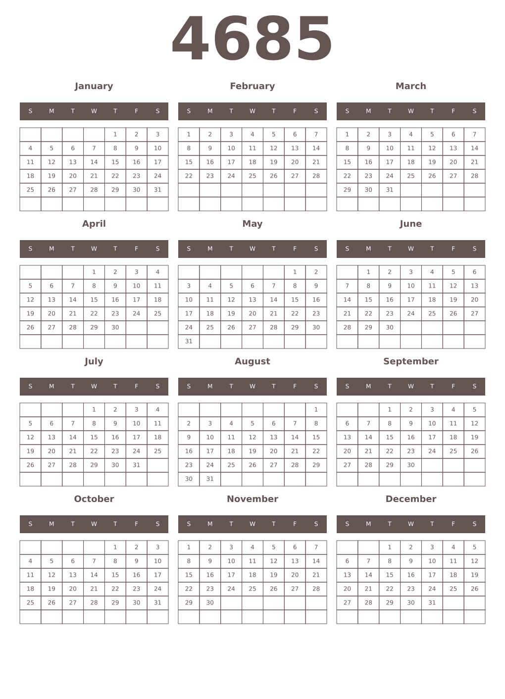 Printable 4685 Year Calendars wenge