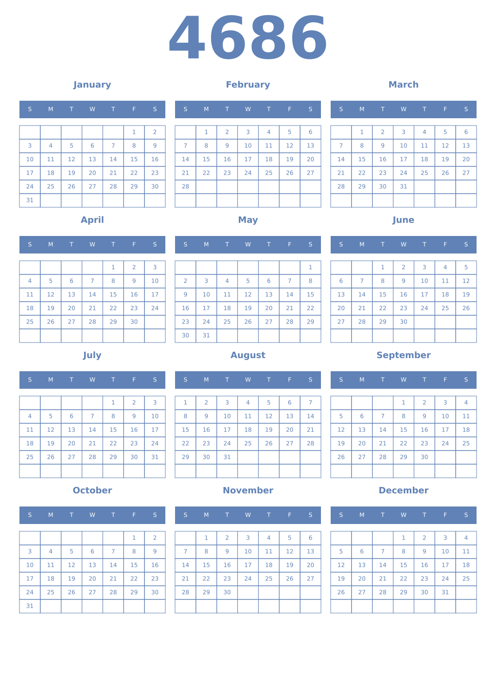 Printable 4686 Year Calendars glaucous