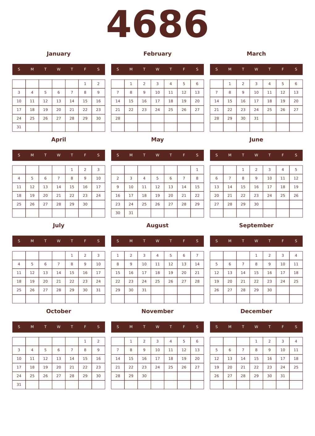 Printable 4686 Year Calendars mortuum