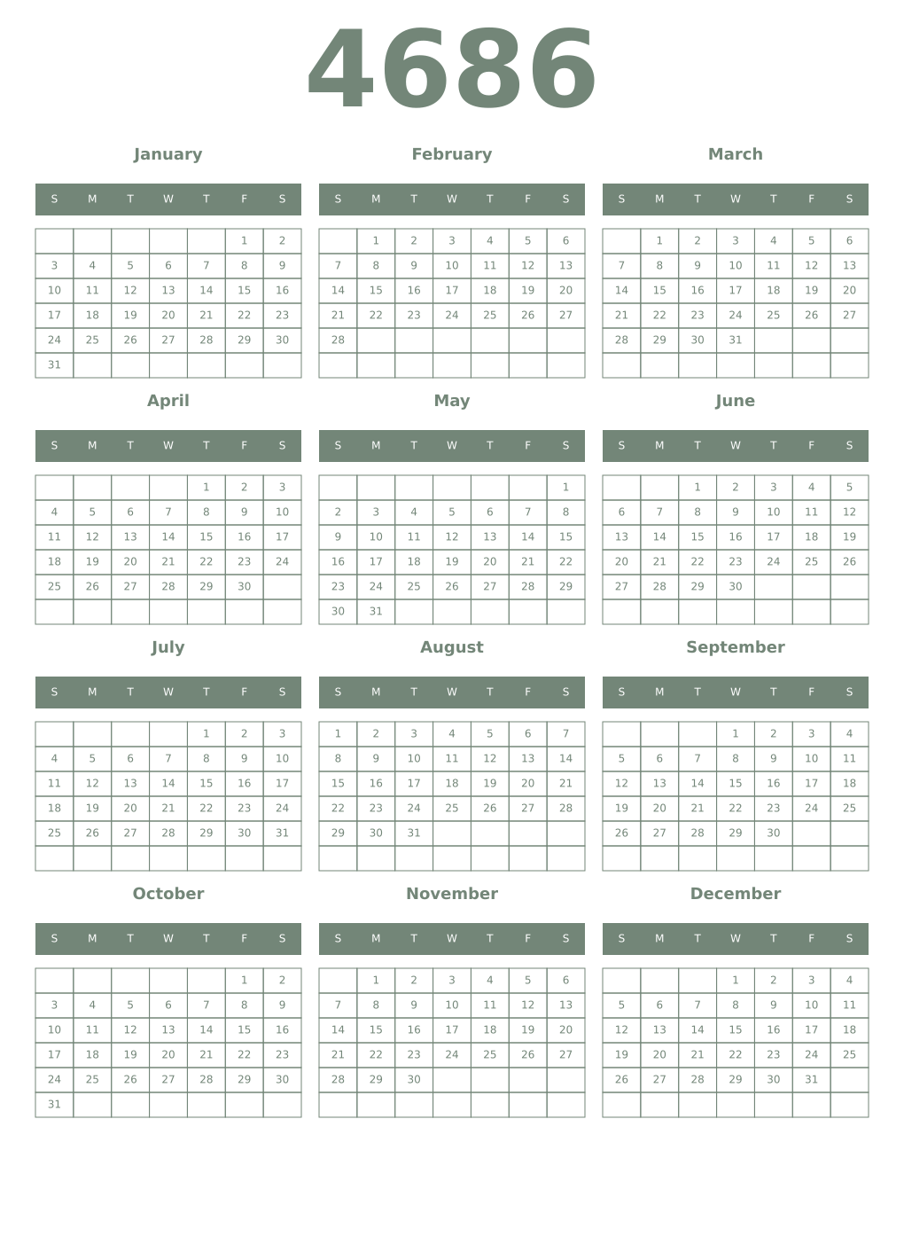 Printable 4686 Year Calendars xanadu