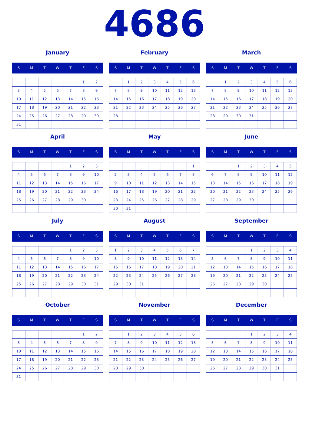 Printable 4686 Year Calendars zaffre