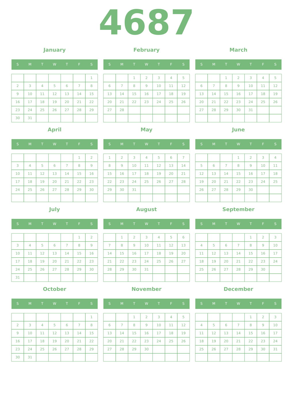 Printable 4687 Year Calendars celadon