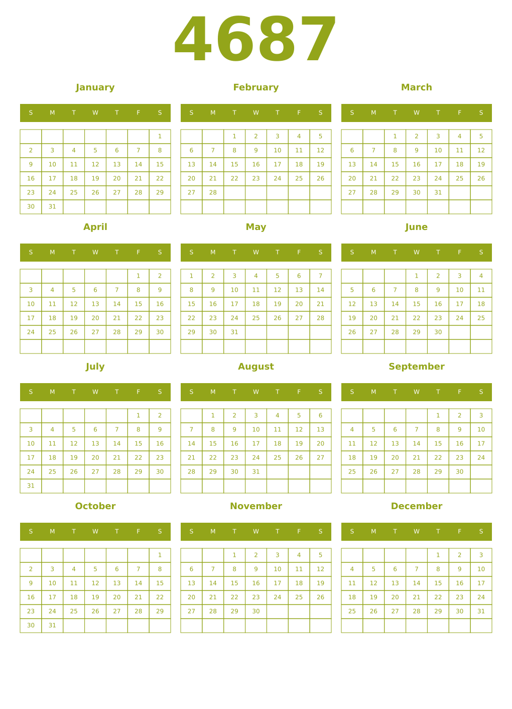 Printable 4687 Year Calendars chartreuse