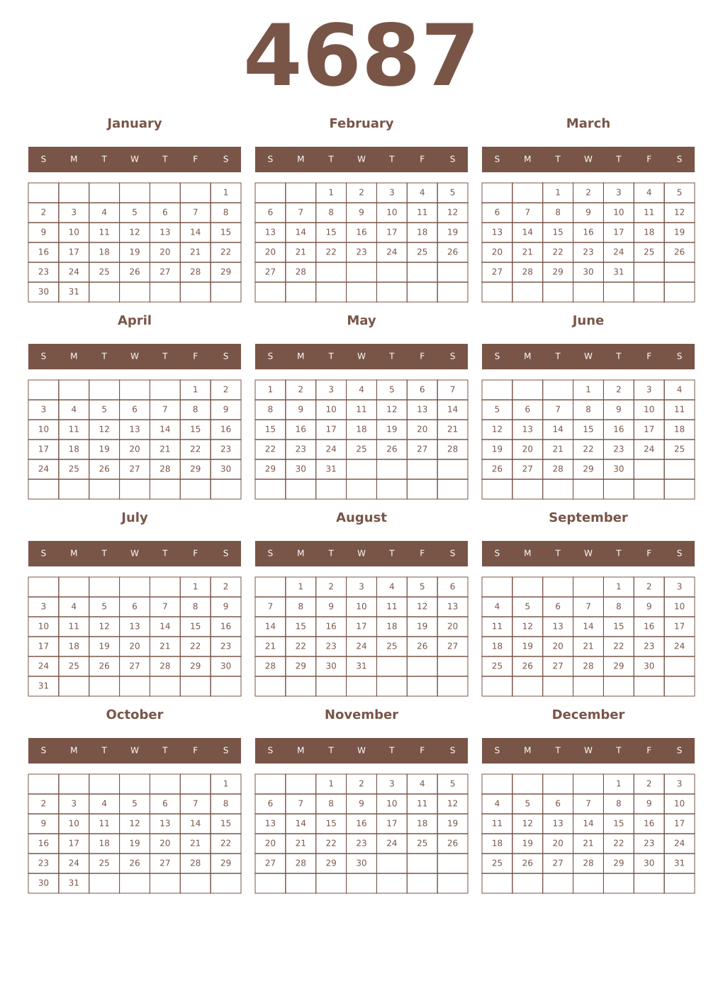 Printable 4687 Year Calendars coffe
