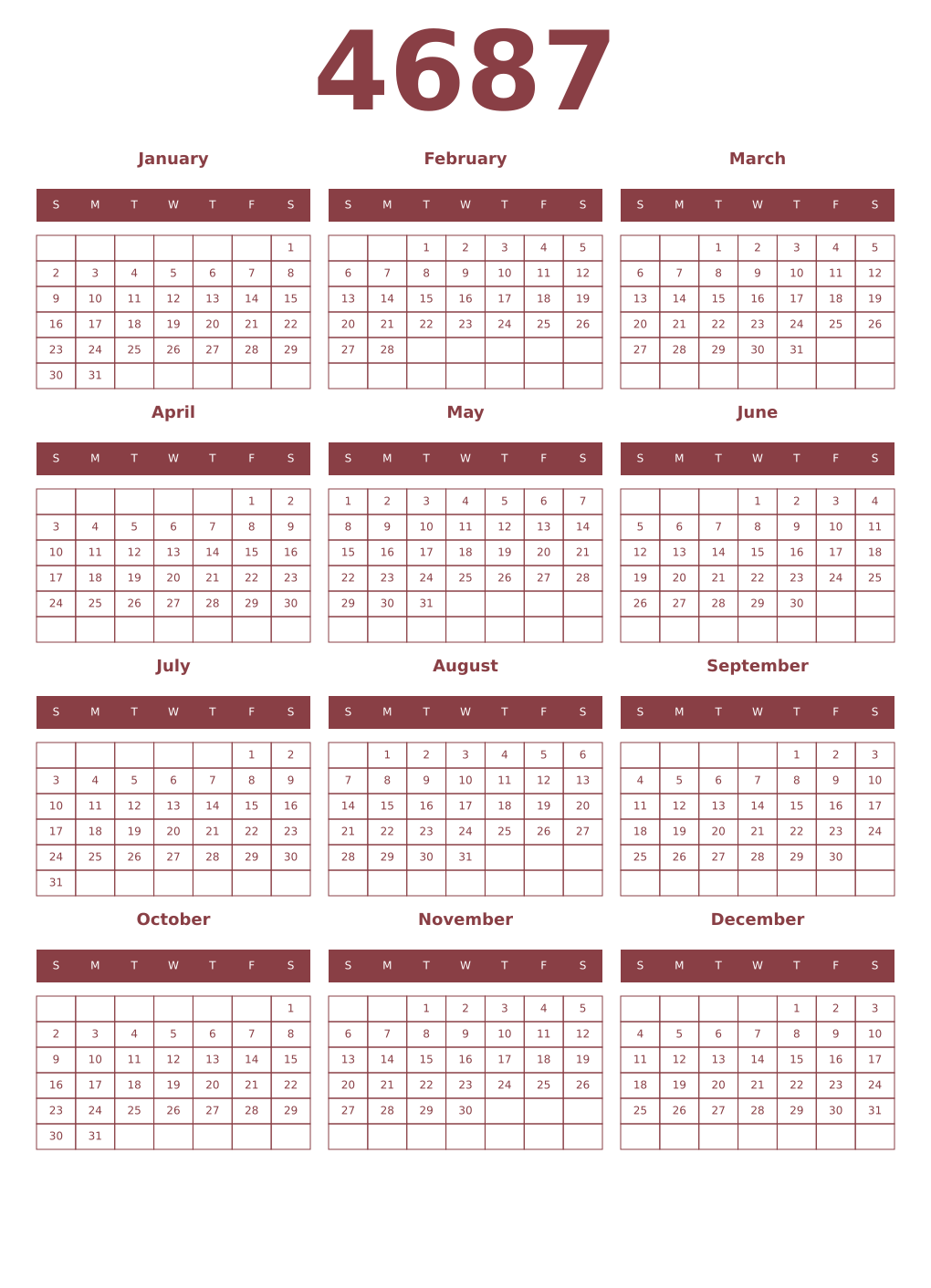 Printable 4687 Year Calendars cordovan