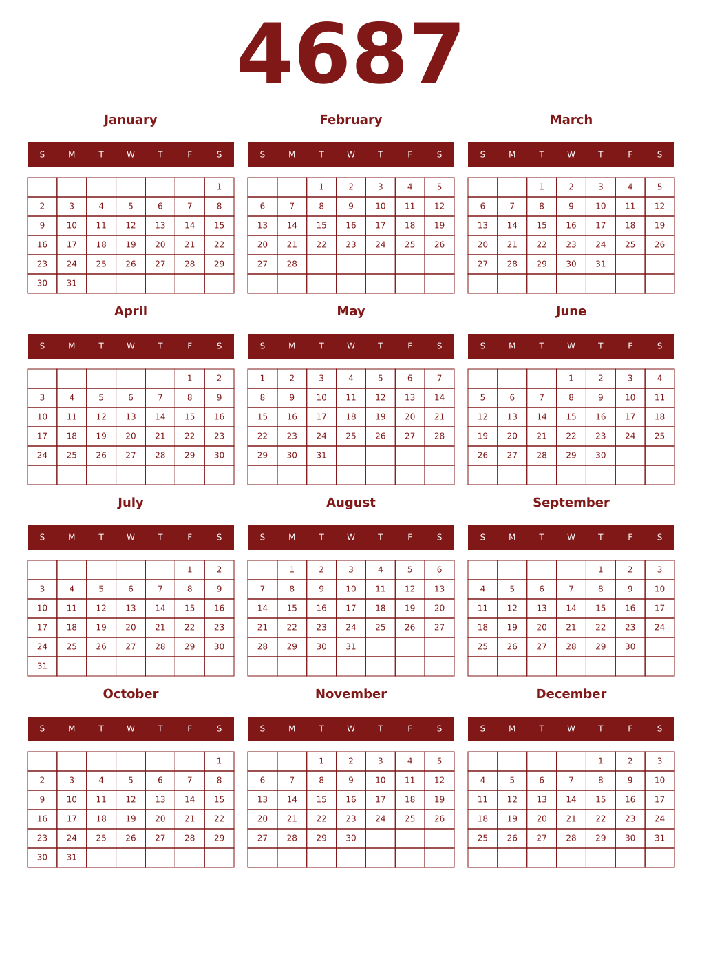 Printable 4687 Year Calendars falu
