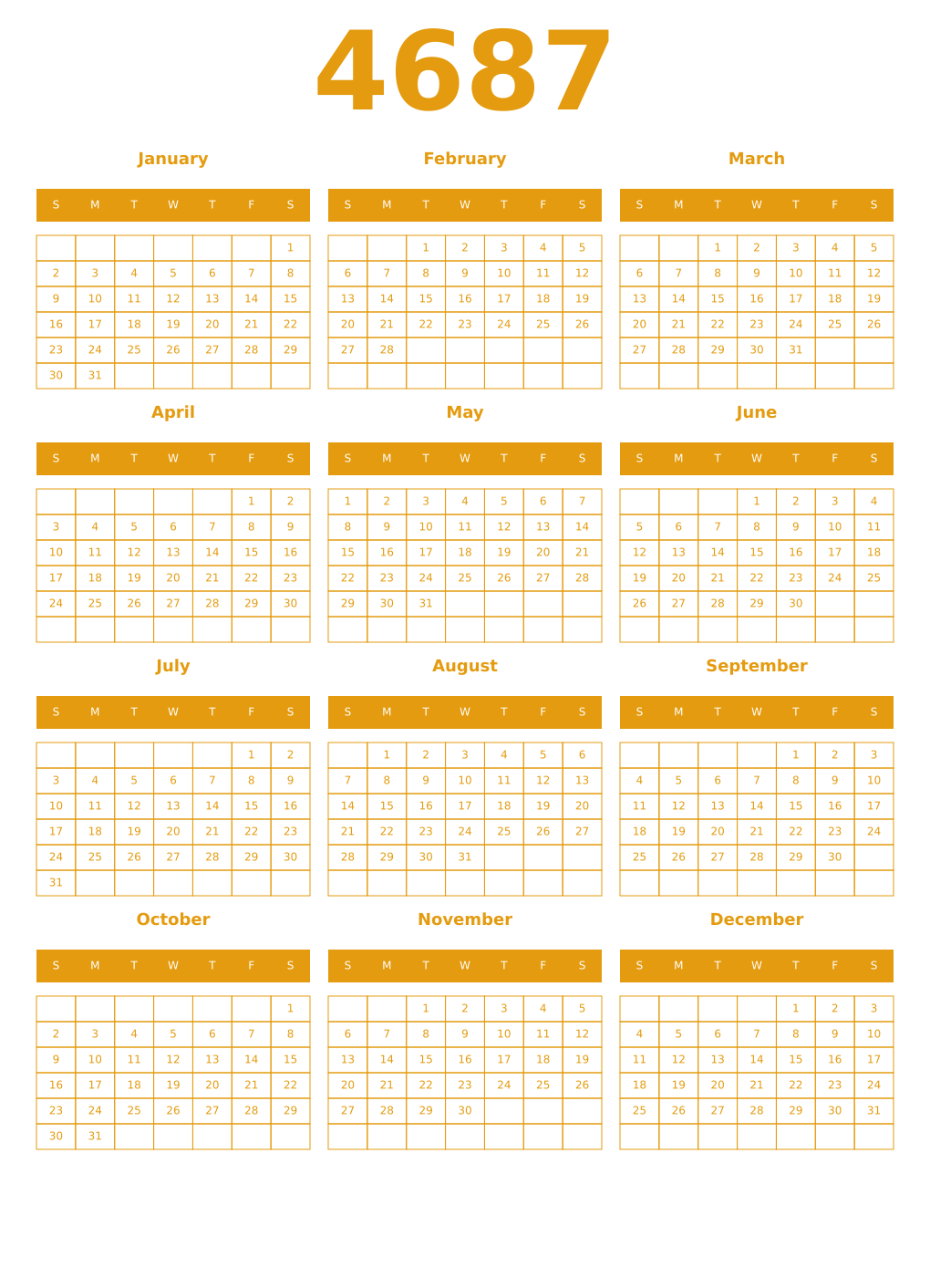 Printable 4687 Year Calendars gamboge