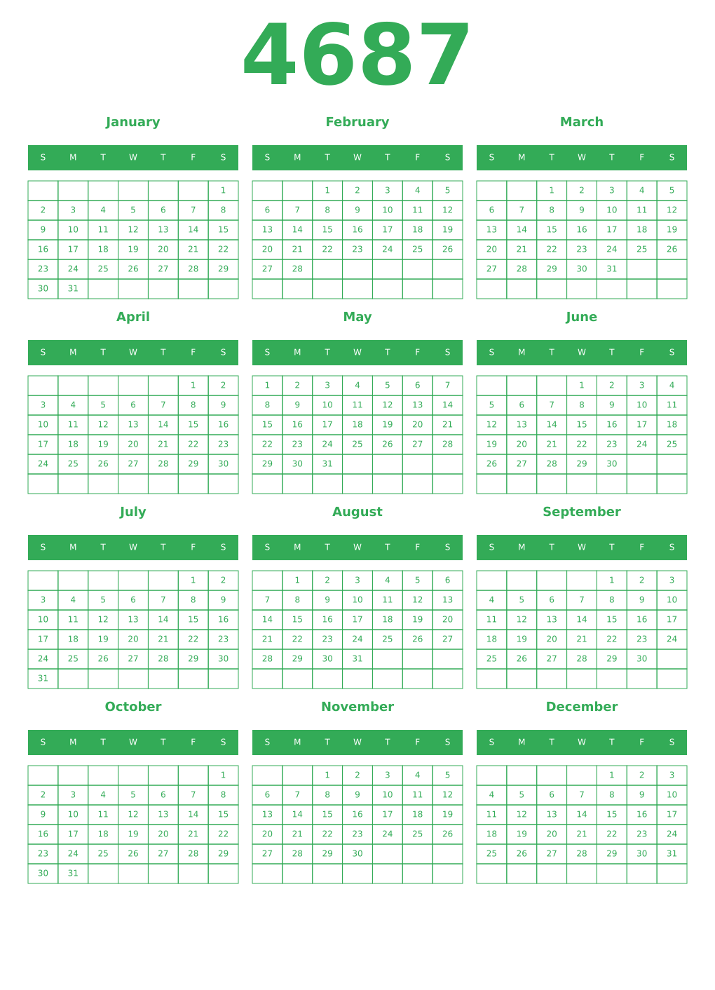 Printable 4687 Year Calendars green