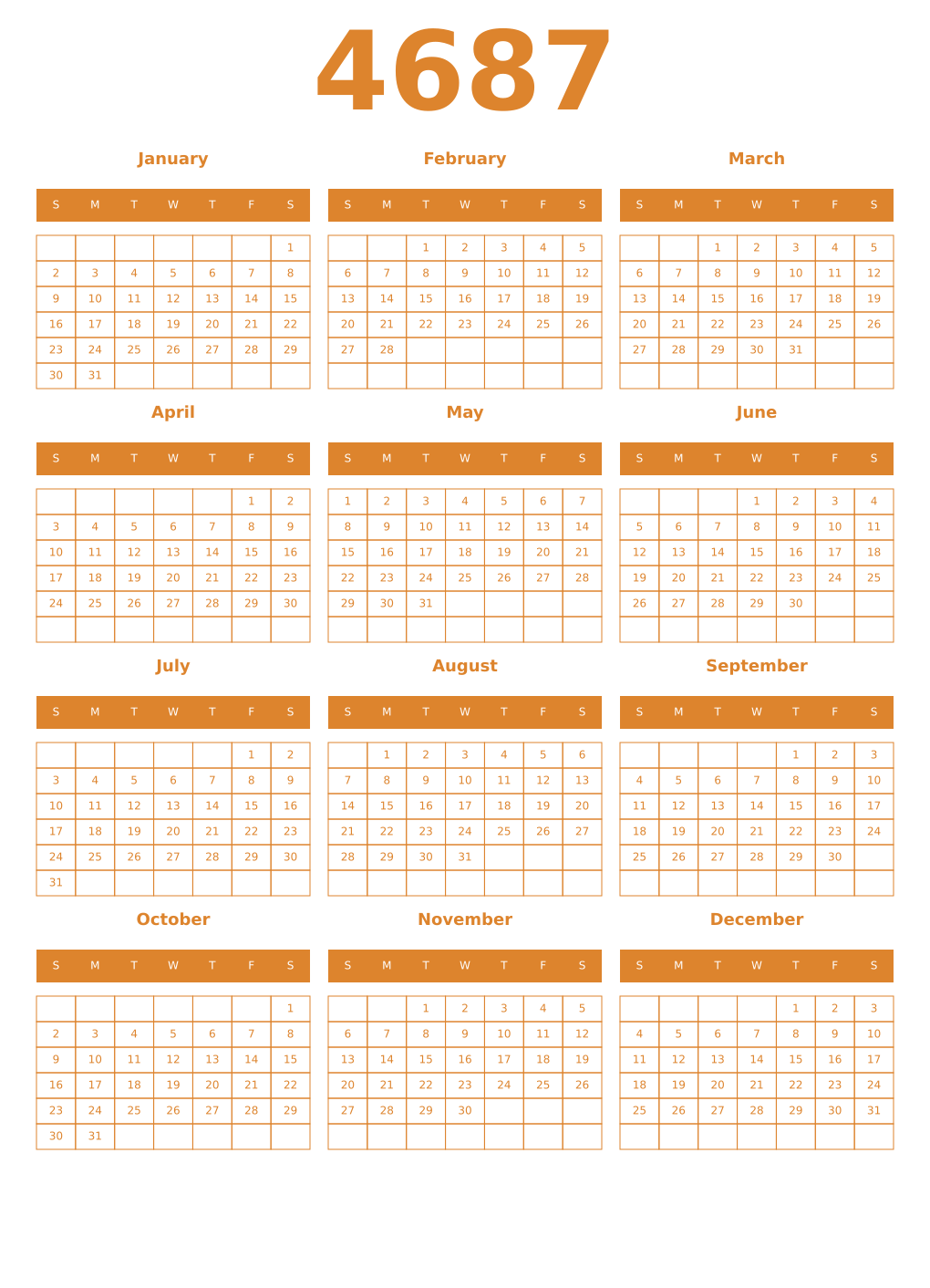 Printable 4687 Year Calendars orange