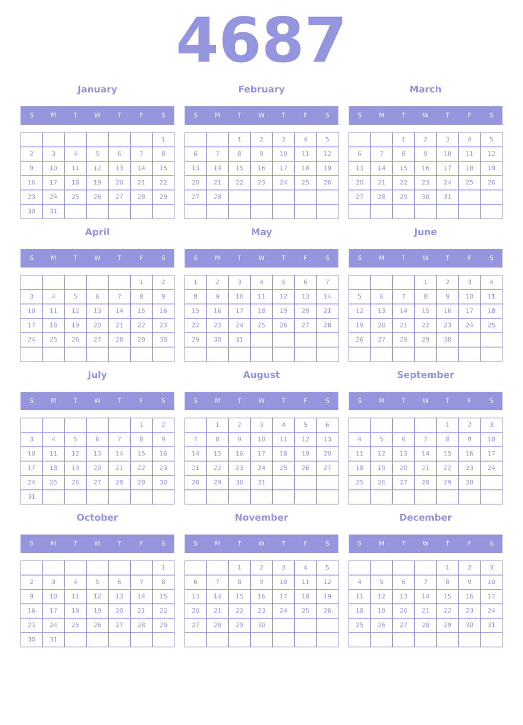 Printable 4687 Year Calendars periwinkle