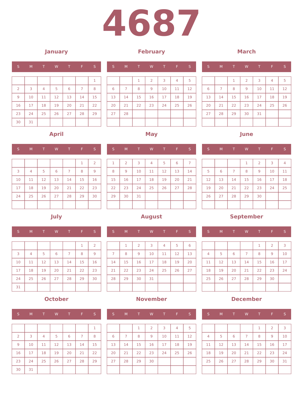 Printable 4687 Year Calendars puce