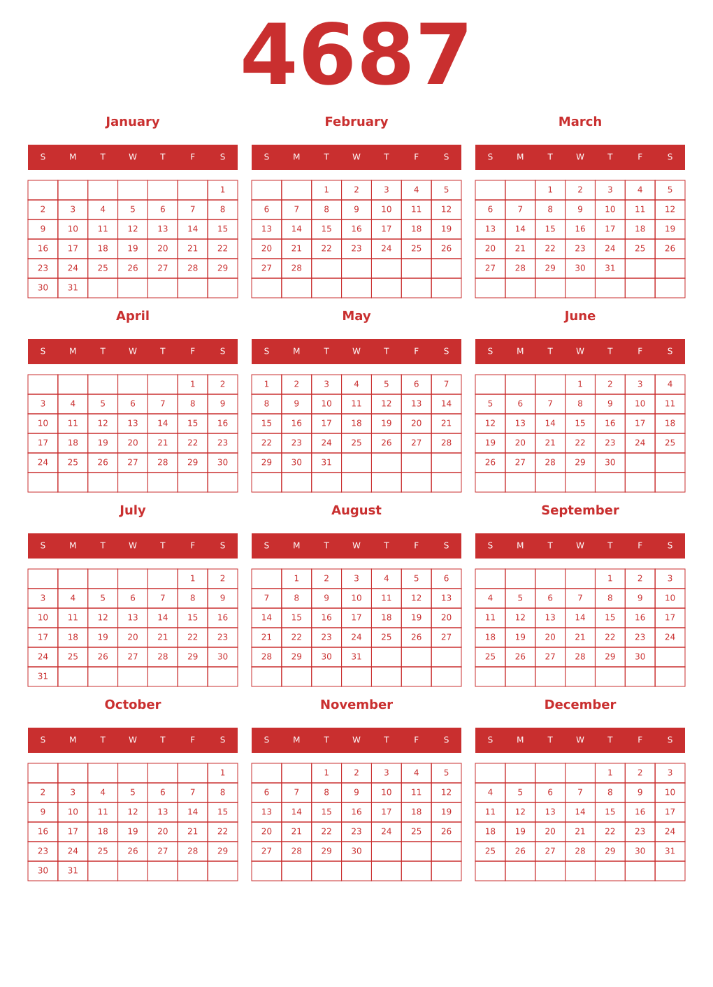 Printable 4687 Year Calendars red