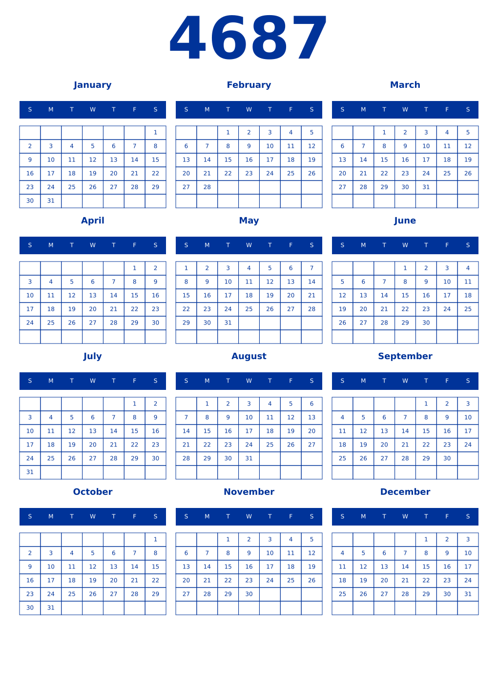 Printable 4687 Year Calendars smalt