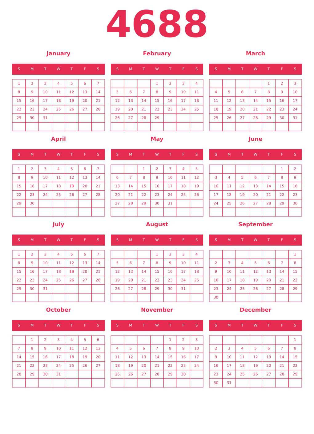 Printable 4688 Year Calendars amaranth