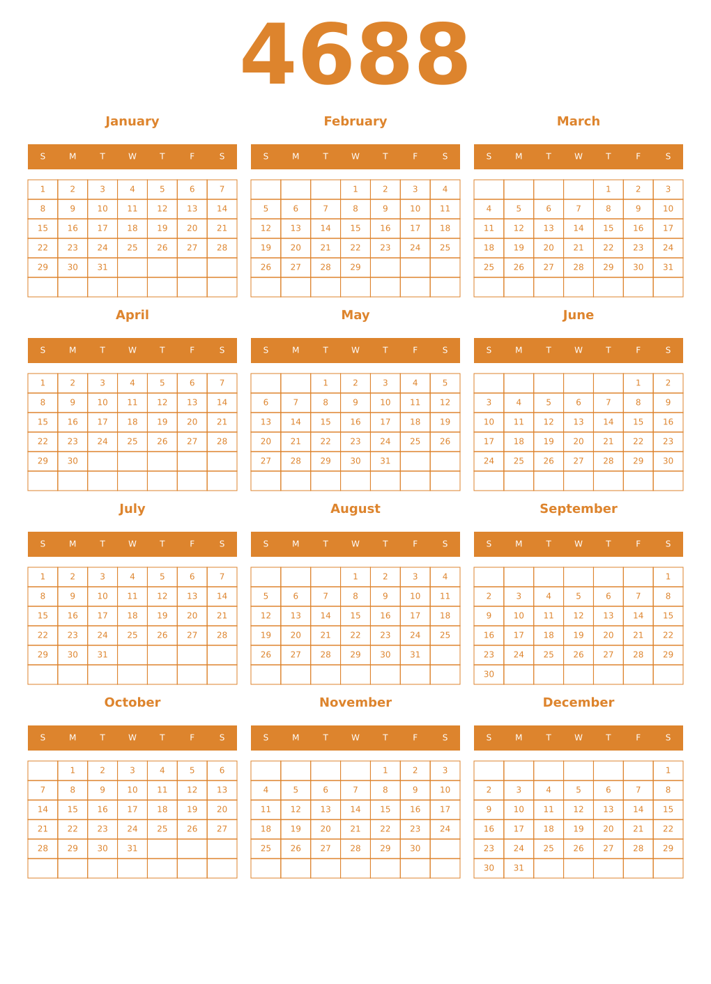 Printable 4688 Year Calendars orange