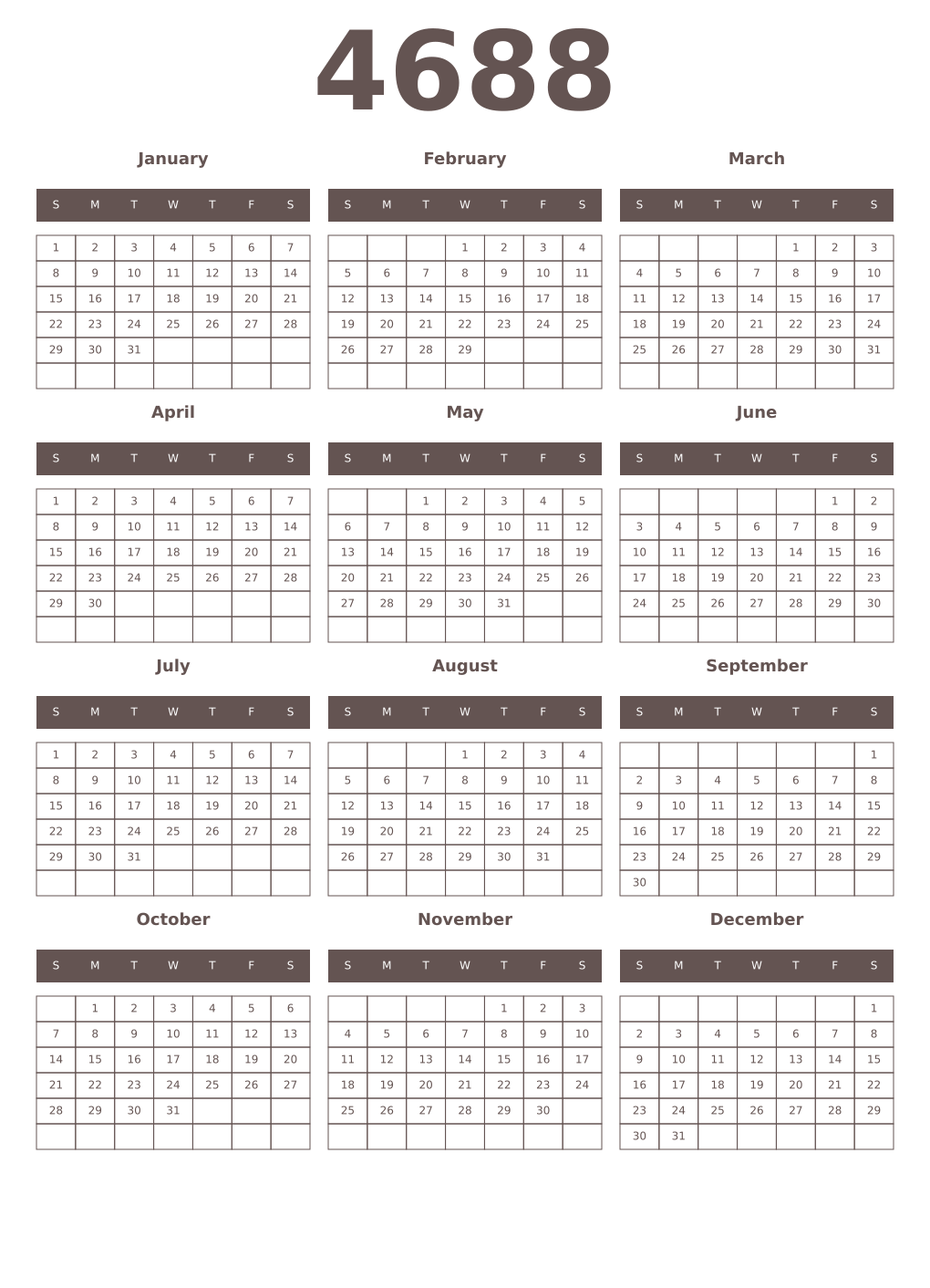 Printable 4688 Year Calendars wenge