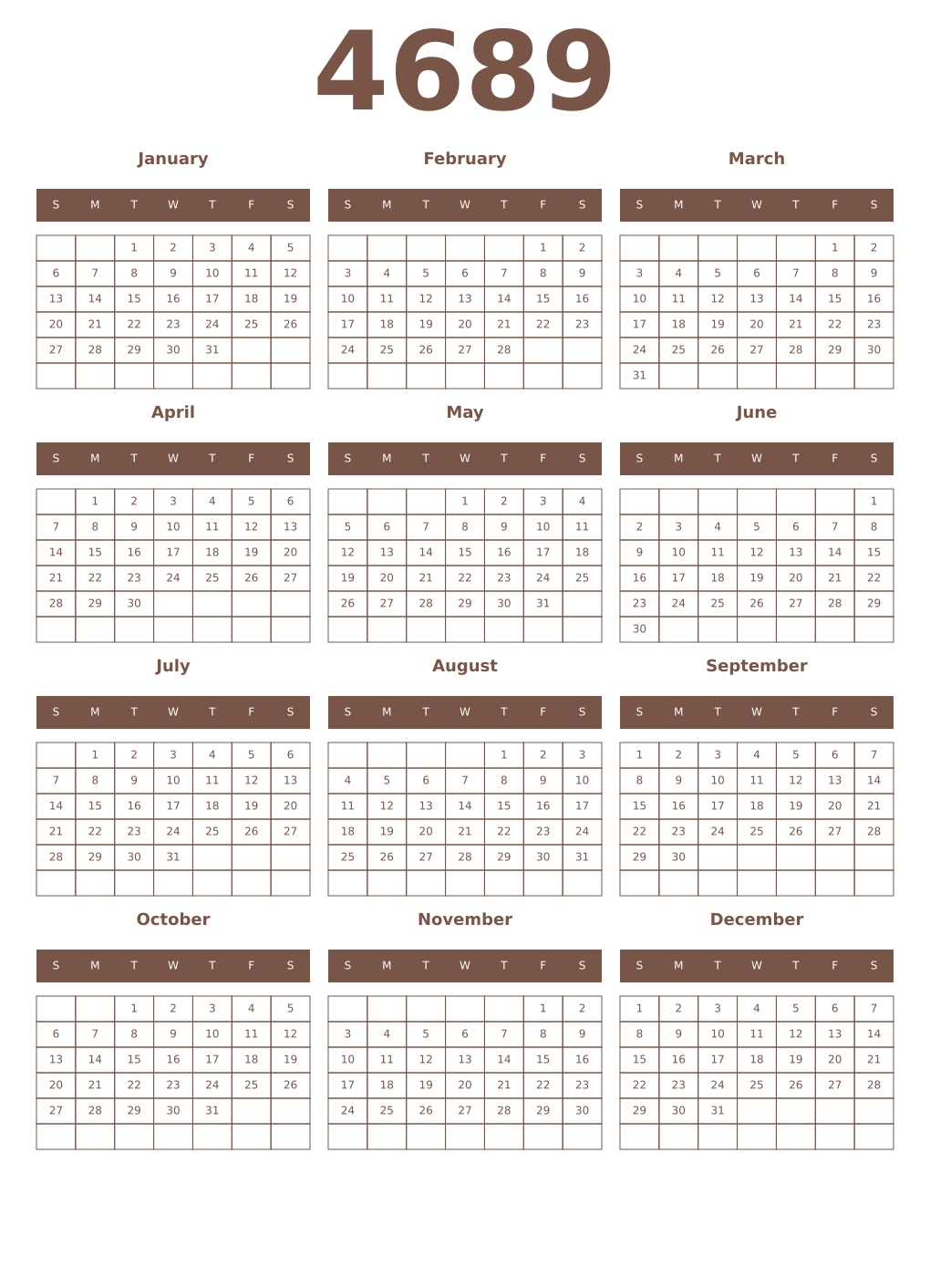 Printable 4689 Year Calendars coffe