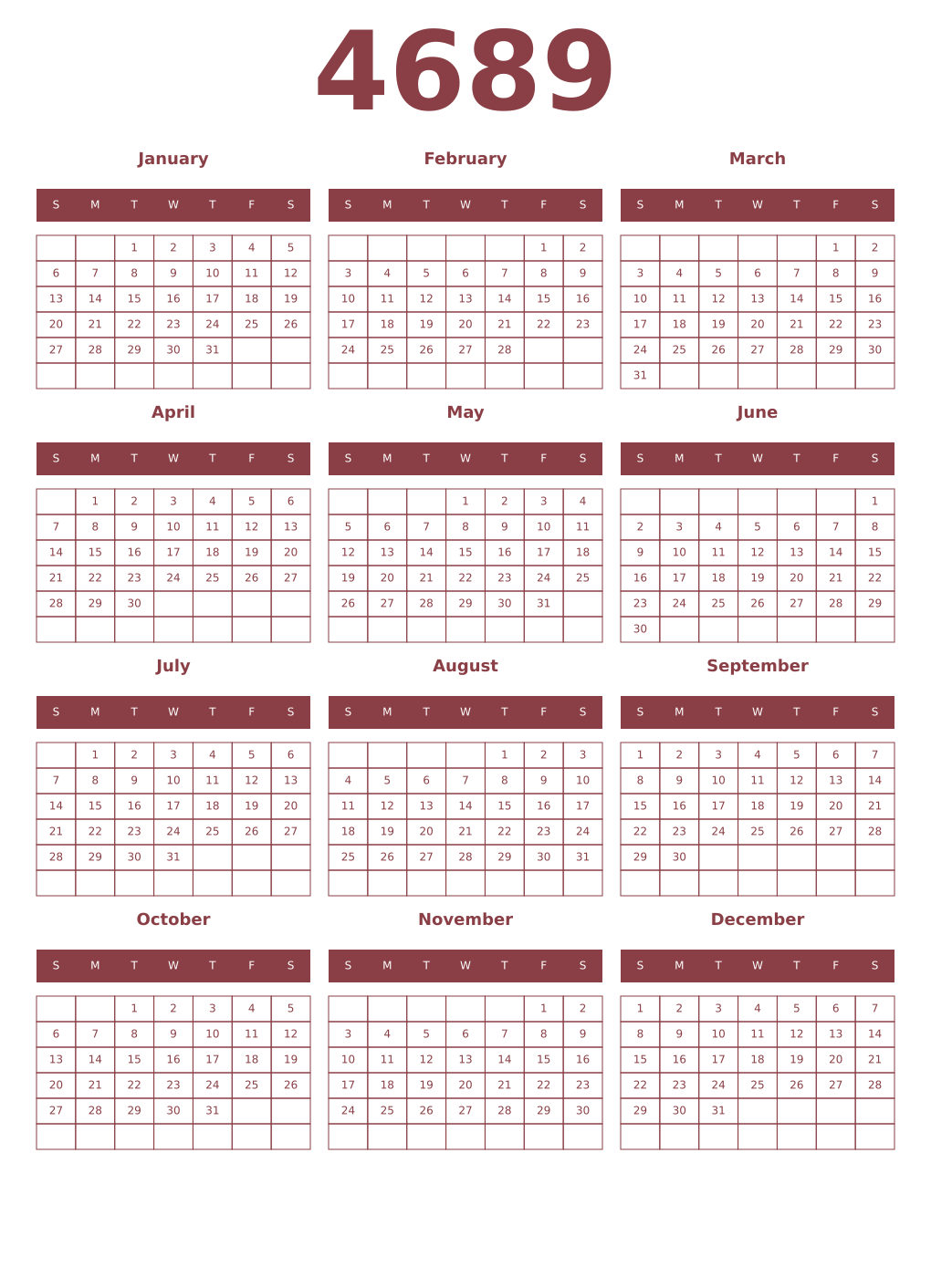 Printable 4689 Year Calendars cordovan
