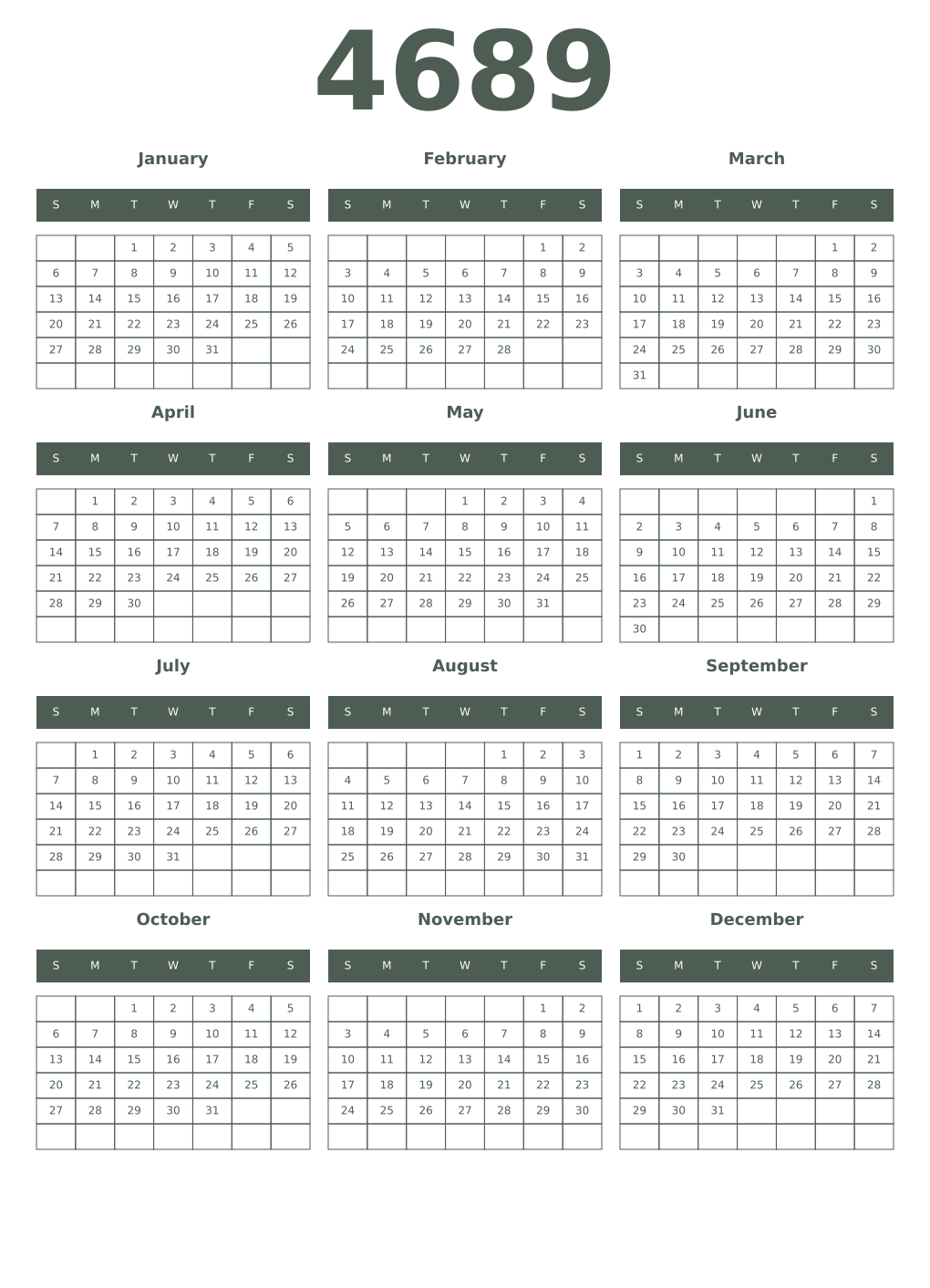 Printable 4689 Year Calendars feldgrau