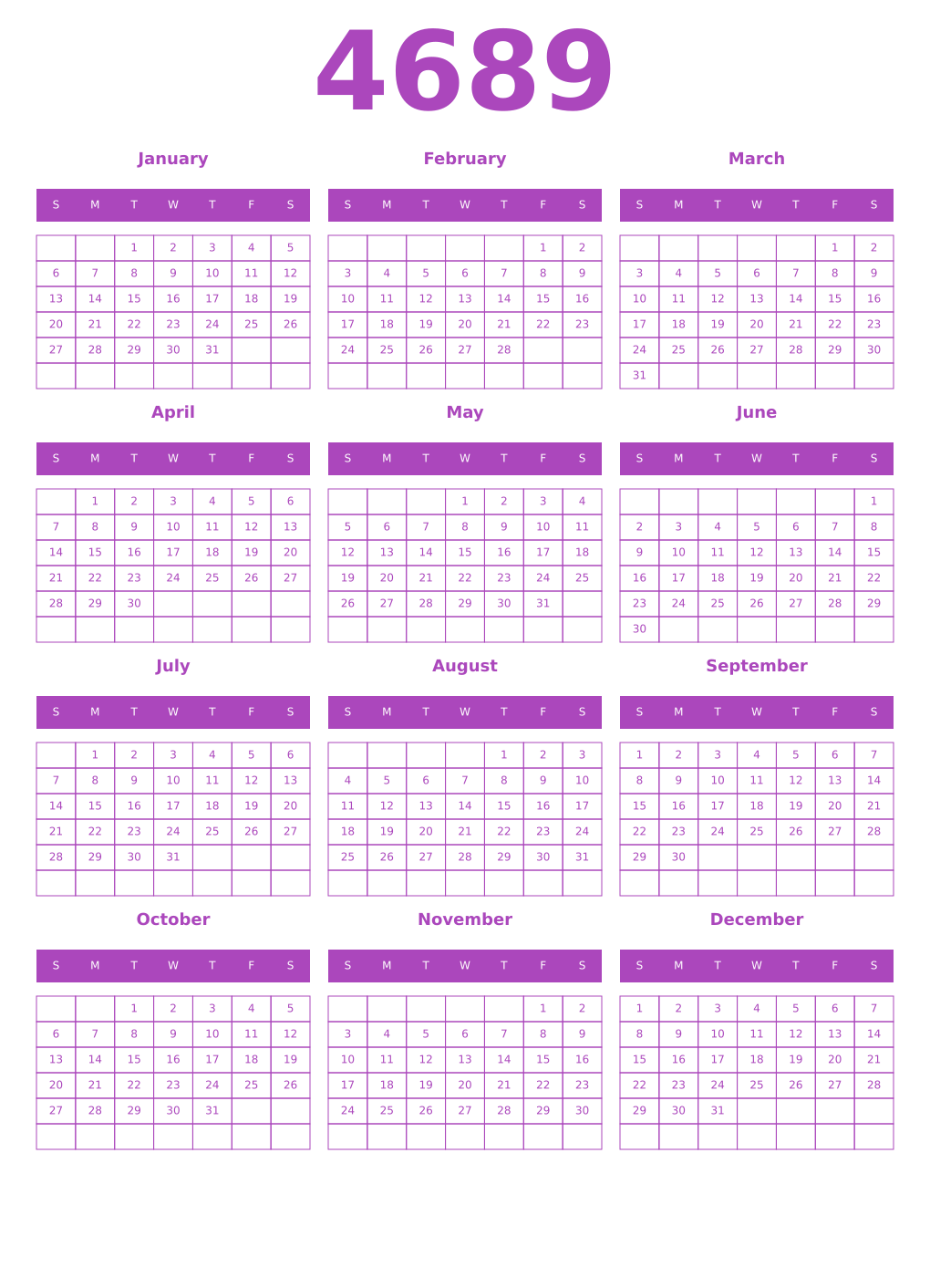 Printable 4689 Year Calendars purple