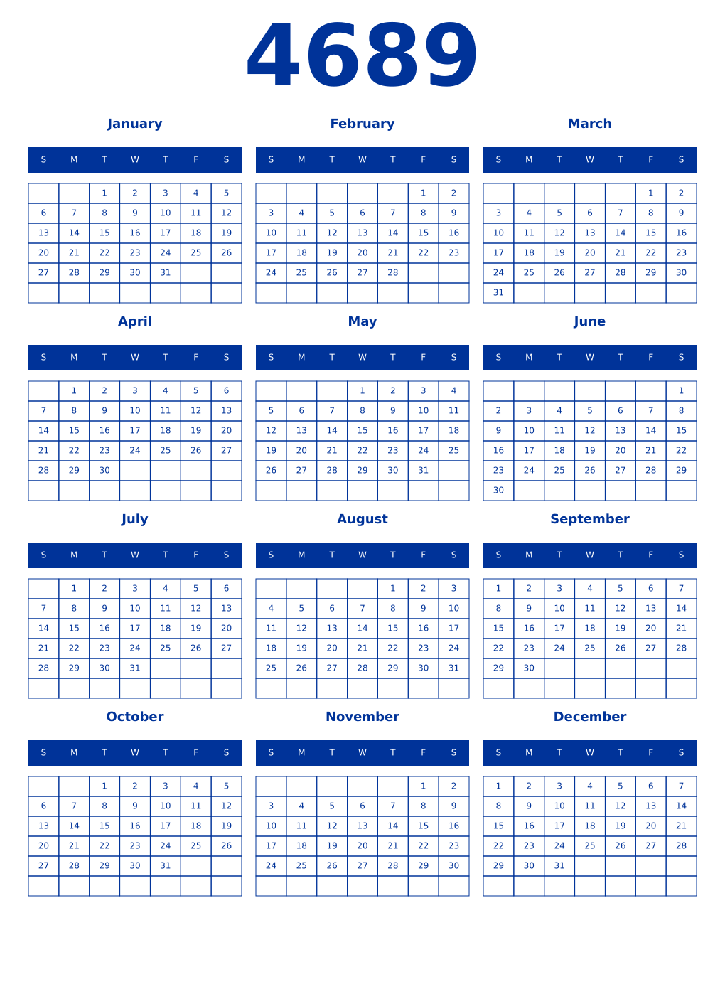 Printable 4689 Year Calendars smalt