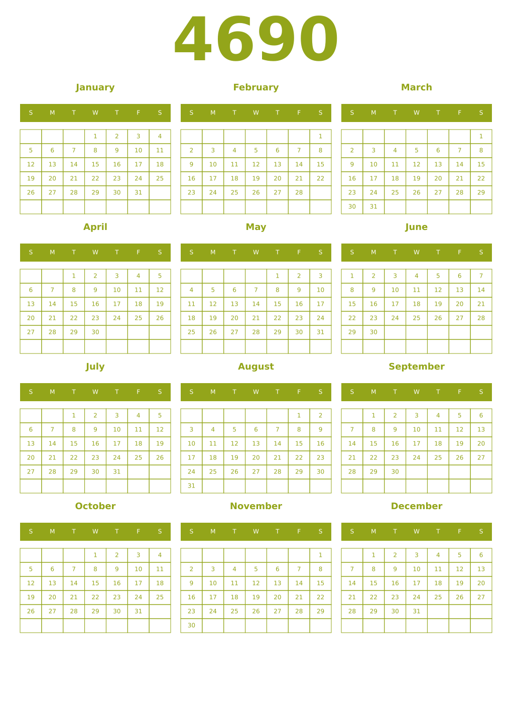 Printable 4690 Year Calendars chartreuse