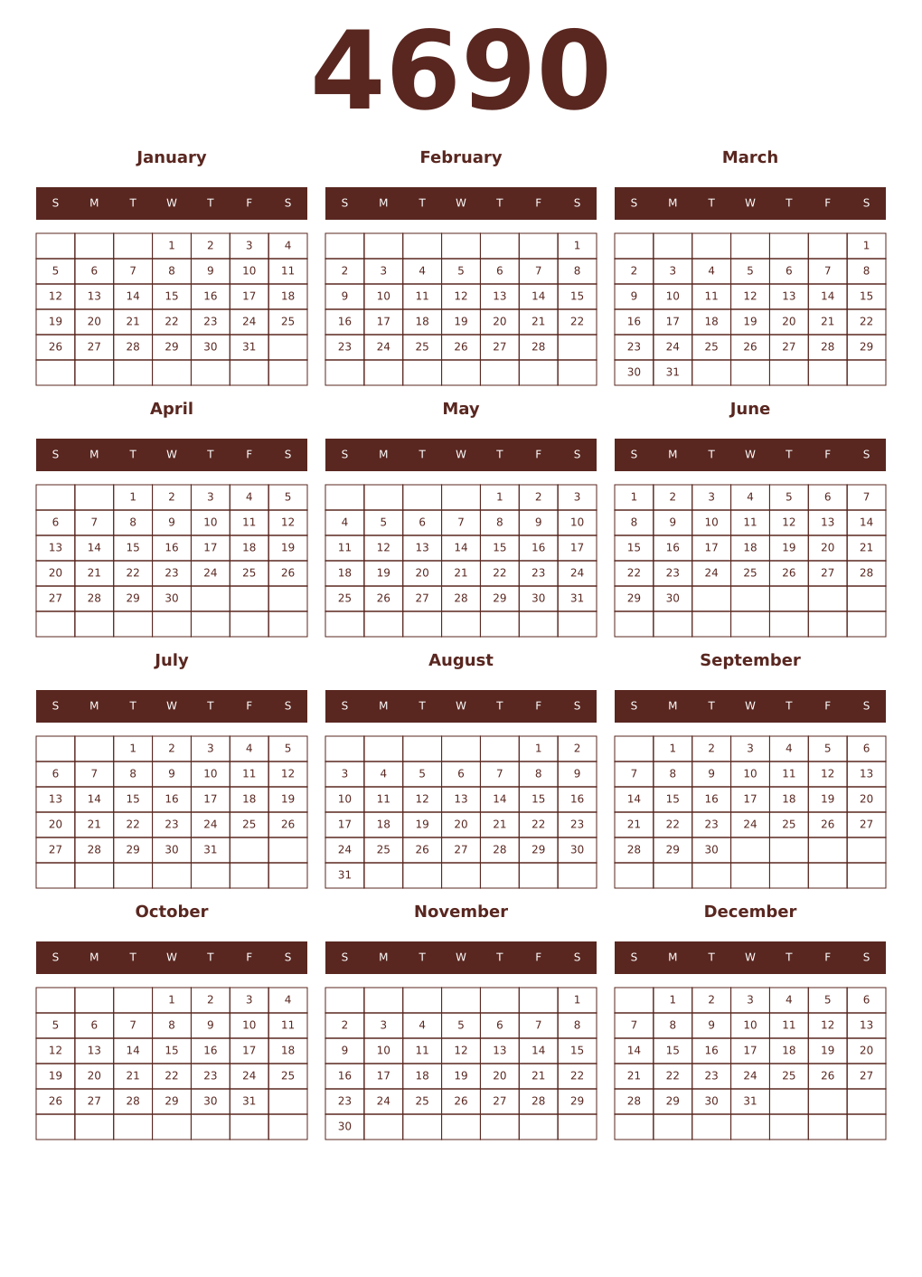 Printable 4690 Year Calendars mortuum