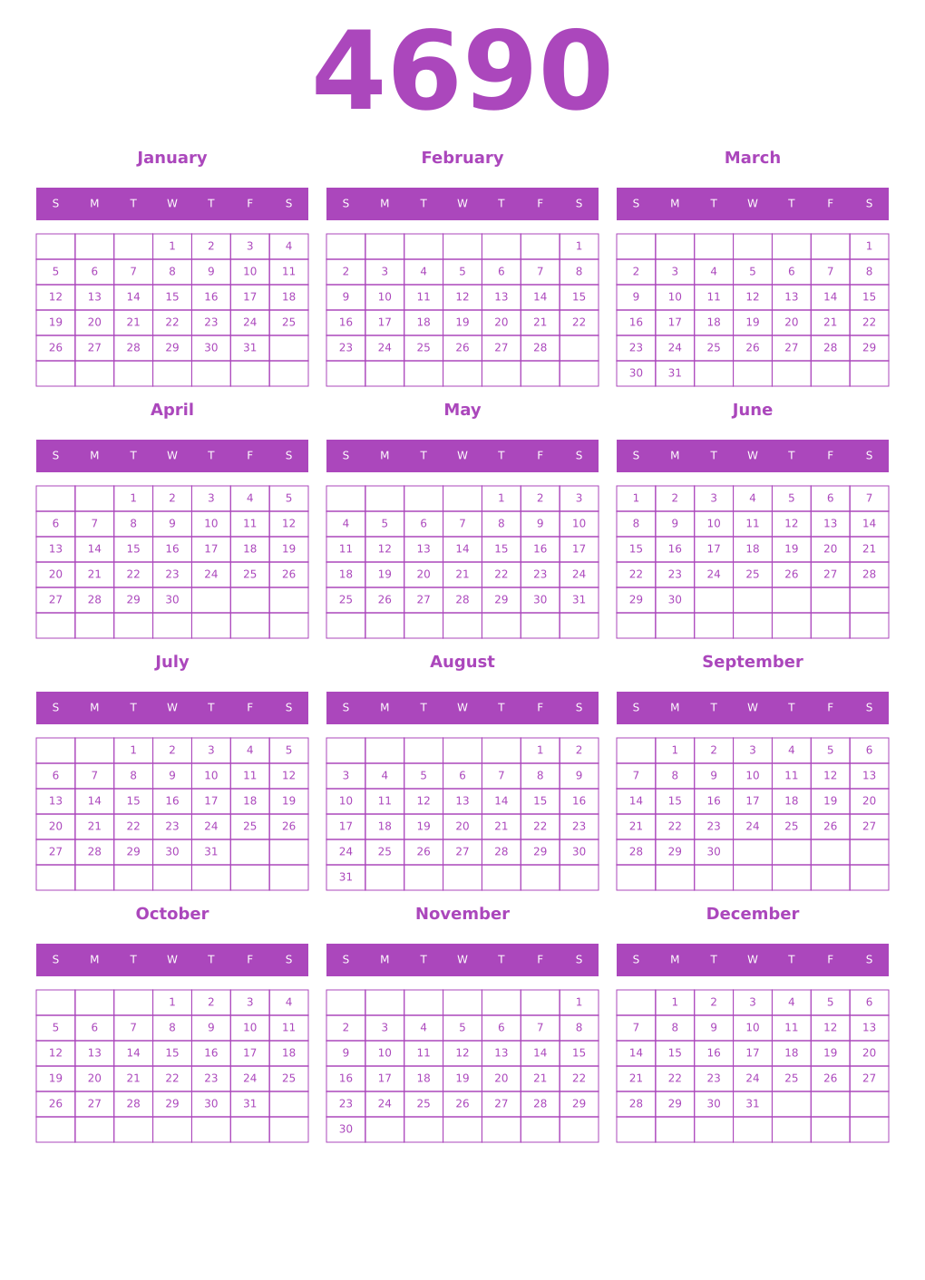 Printable 4690 Year Calendars purple