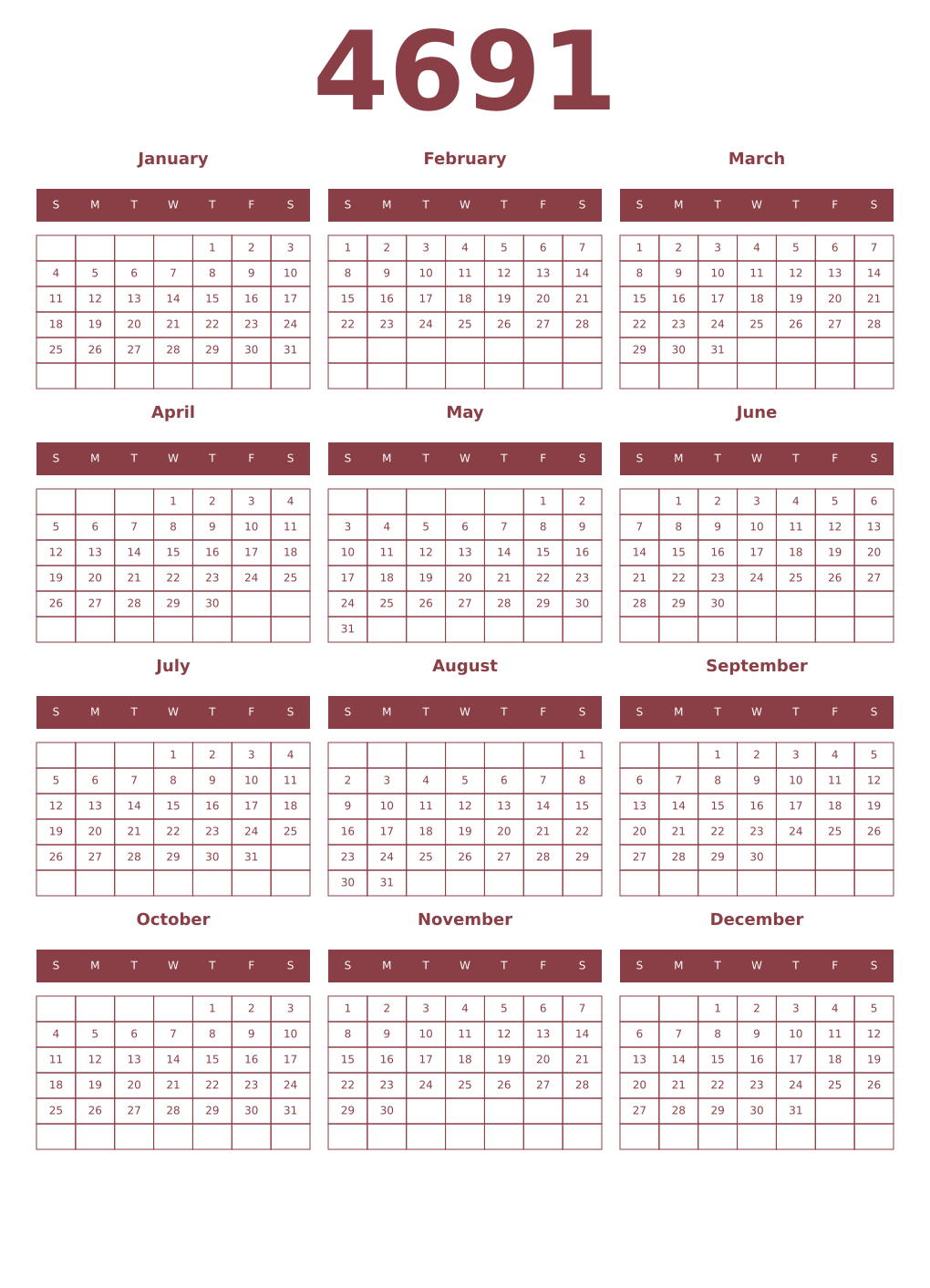 Printable 4691 Year Calendars cordovan