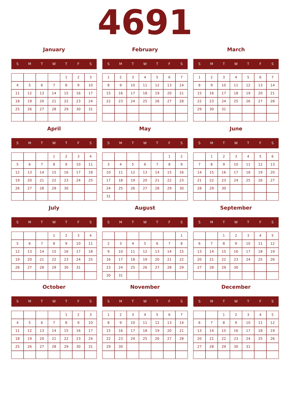 Printable 4691 Year Calendars falu