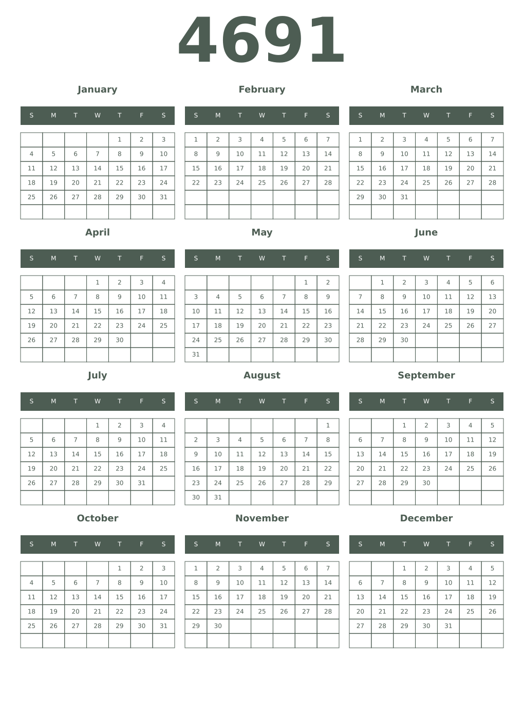 Printable 4691 Year Calendars feldgrau
