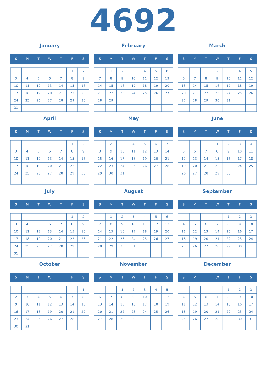 Printable 4692 Year Calendars blue