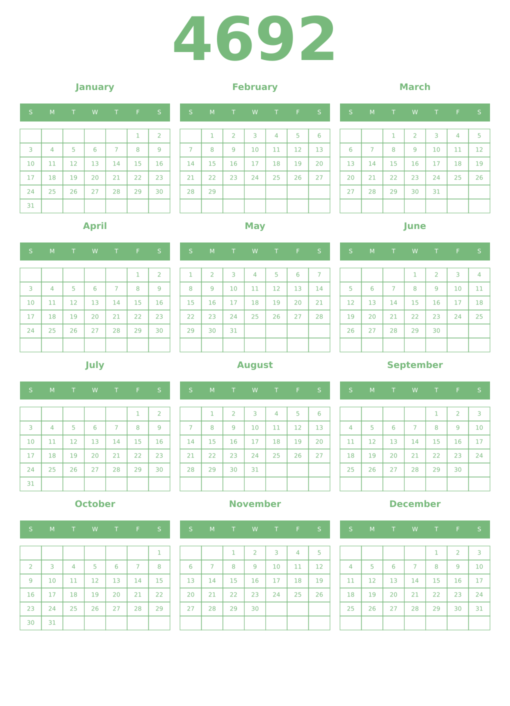 Printable 4692 Year Calendars celadon