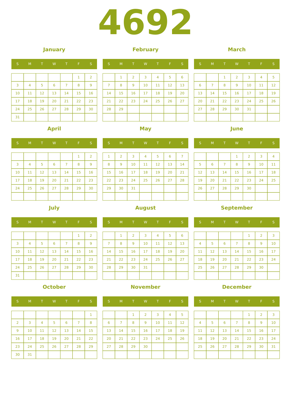 Printable 4692 Year Calendars chartreuse