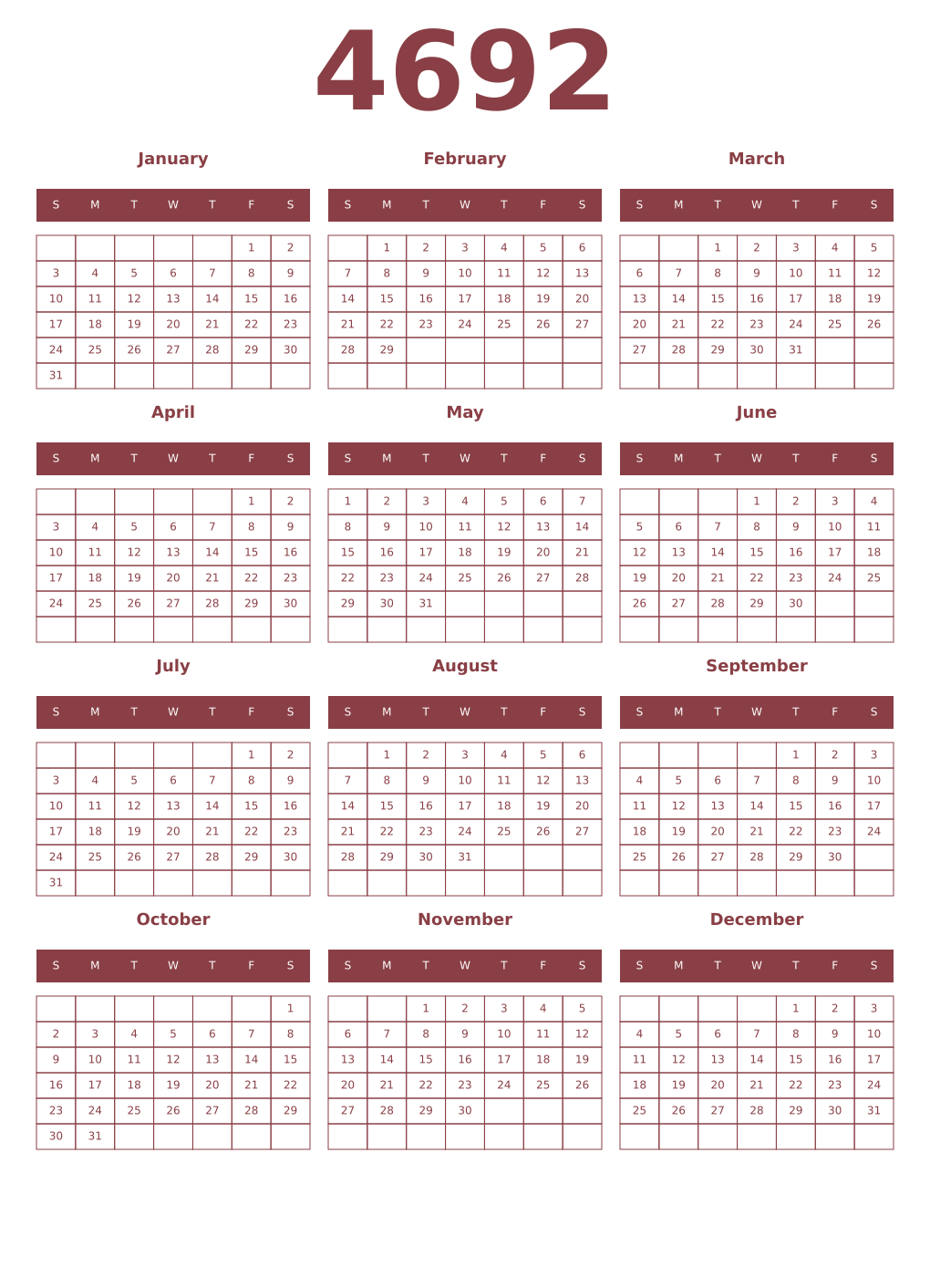 Printable 4692 Year Calendars cordovan